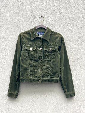 Vintage Y2K Miss Fit Jeans Olive Green Corduroy Trucker Jacket Size Small